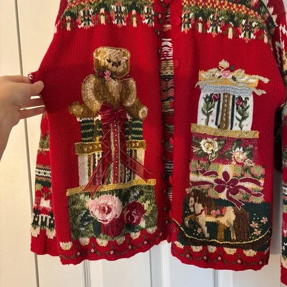 Vintage Tiara Hand Knit Heritage Ramie Cotton Hand Knit Christmas Cardigan M Red - Picture 3 of 5
